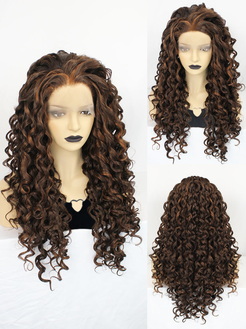 13*3 2 Tone Black Ombre Brown Curly Synthetic Lace Front Wig | G1707293 - Anogol