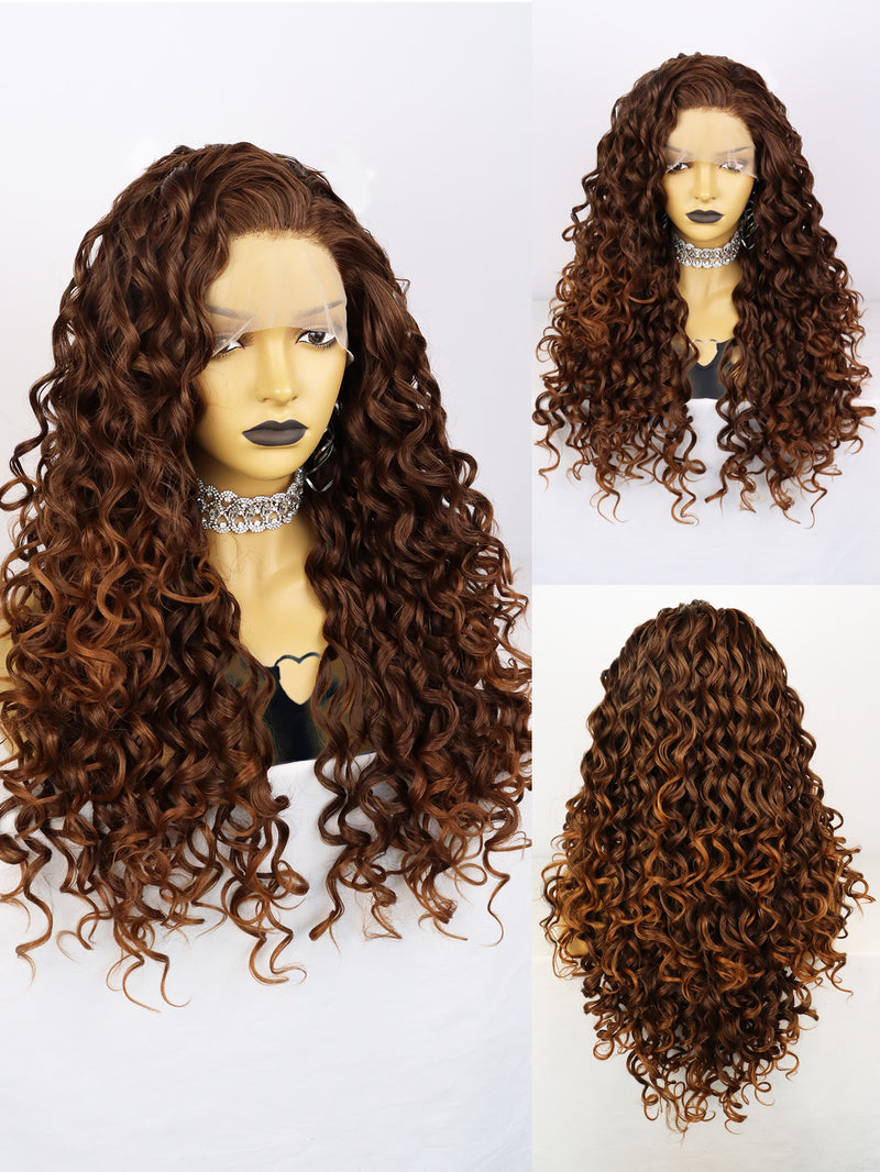 13*3 Curly Dark Brown Synthetic Lace Front Wig | G1707390 - Anogol