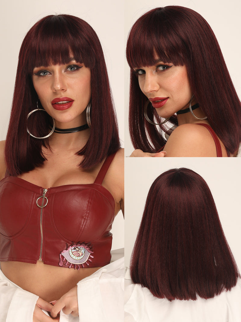 14 Inches Short Wine Red Bob Synthetic Wigs with Bangs | DM1810884 - Anogol