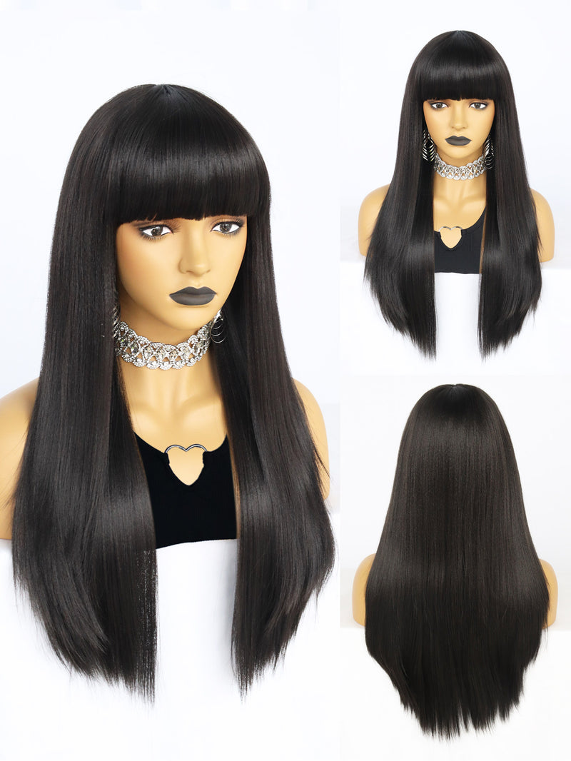 27 inches Straight Black Synthetic Wigs with Bangs | FU2031719 - Anogol