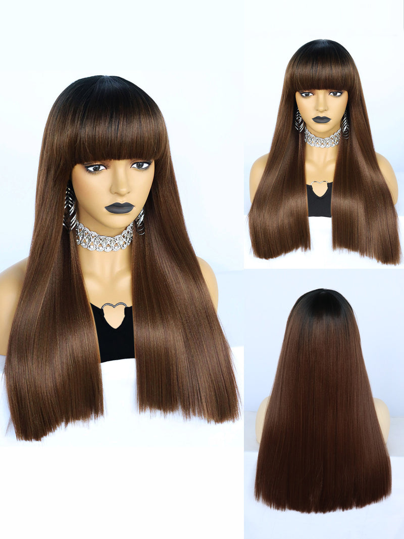 25 inches Straight Black Ombre Brown Synthetic Wigs with Bangs | FU2031740 - Anogol