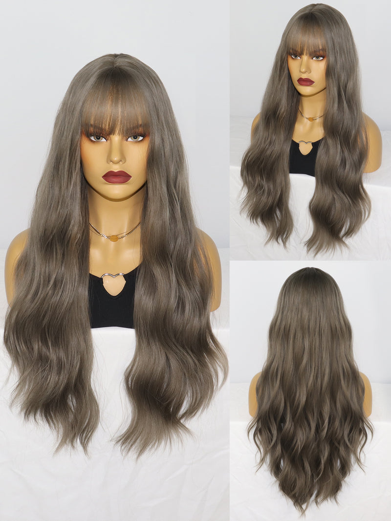 Long Wavy Gray Synthetic Wigs with Bangs for Women | TGG-005 - Anogol