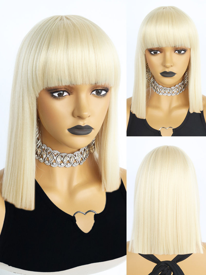 12 inch Short Blonde Bob Synthetic Wigs with Bangs | FU2031734 - Anogol