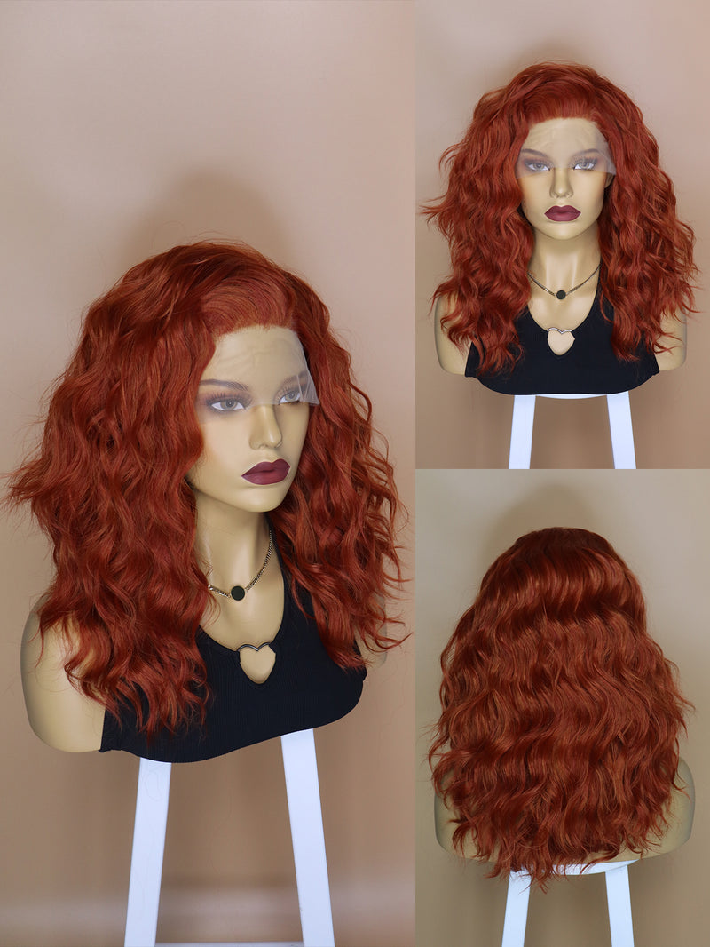 13*2.5 Copper Red Curly Lace Front Wig Synthetic Hair | G190322673 - Anogol