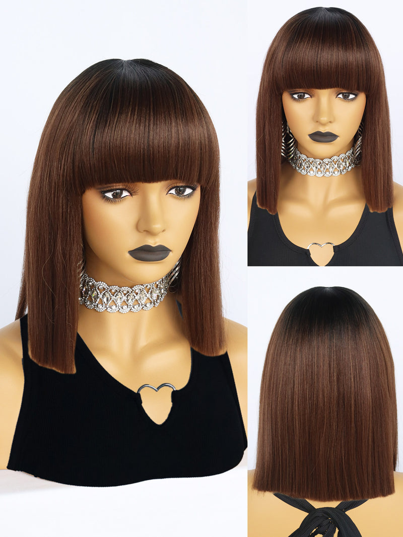 12 inches Short Black Ombre Brown Bob Synthetic Wigs with Bangs | FU2031741 - Anogol