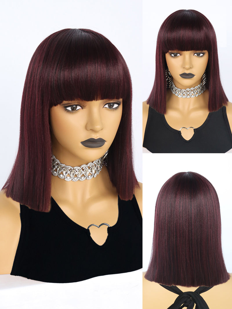 12 inches Short Wine Red Bob Synthetic Wigs with Bangs | FU2031738 - Anogol