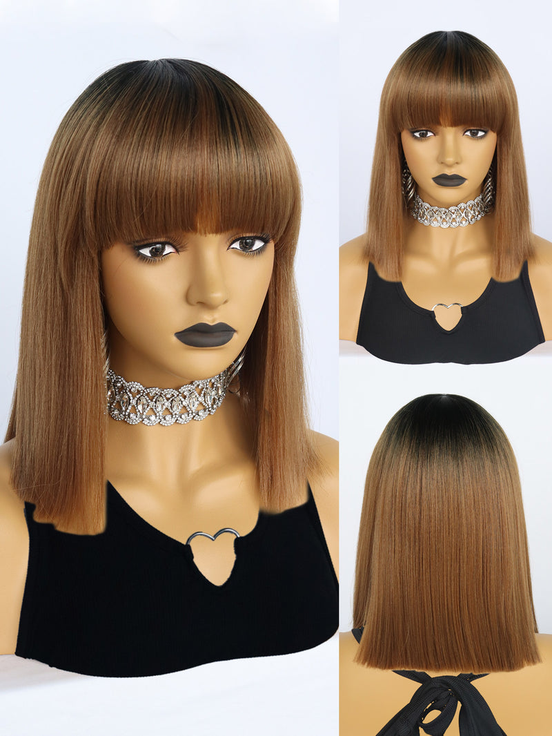 12 inches Short Black Ombre Brown Bob Synthetic Wigs | FU2031742 - Anogol