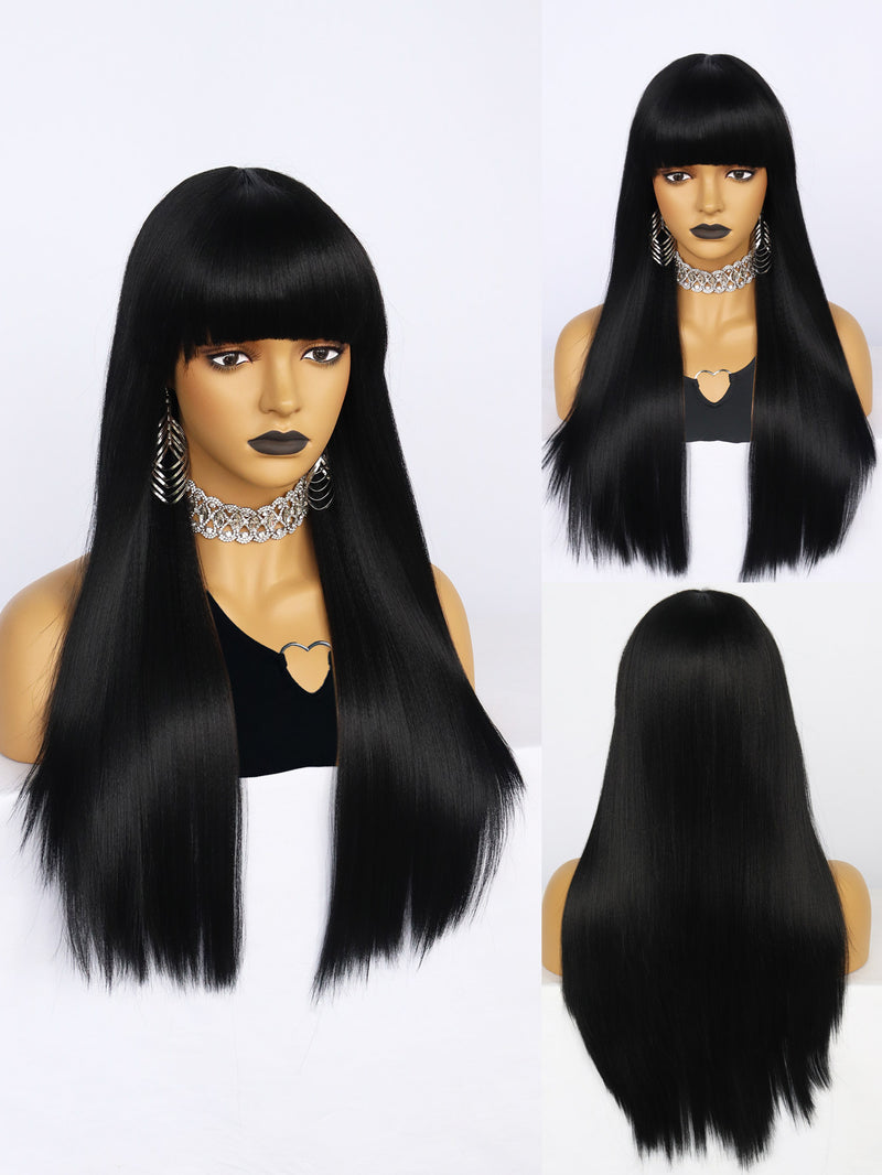 24 inch Straight Black Synthetic Wigs with Bangs | FFU2031727 - Anogol