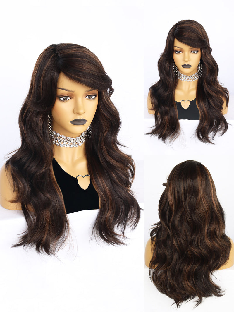 24 inch Wavy 2 Tone Black and Brown Synthetic Wigs | FU2031728 - Anogol