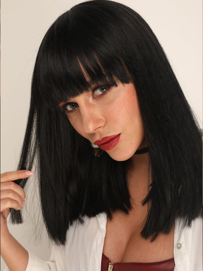 14 Inches Short Black Bob Synthetic Wigs with Bangs | DM1810844 - Anogol