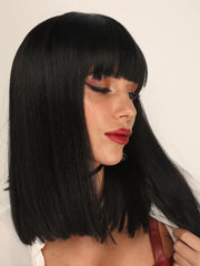 14 Inches Short Black Bob Synthetic Wigs with Bangs | DM1810844 - Anogol