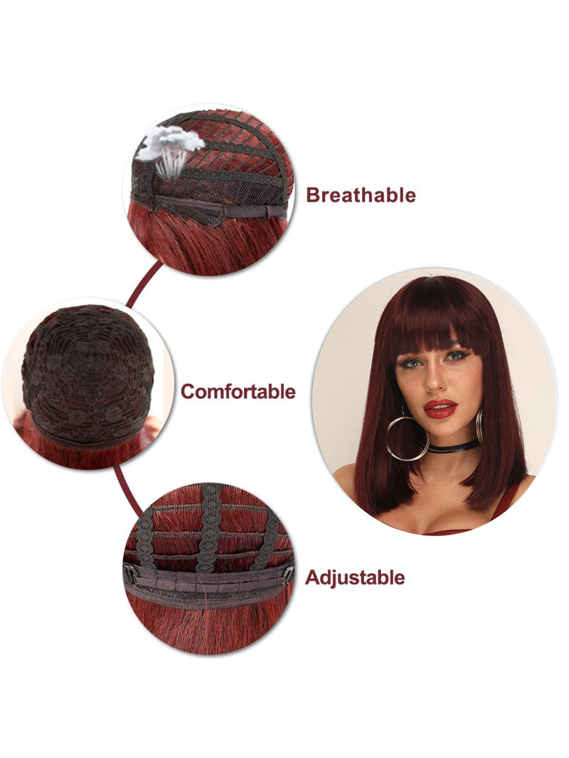 14 Inches Short Wine Red Bob Synthetic Wigs with Bangs | DM1810884 - Anogol