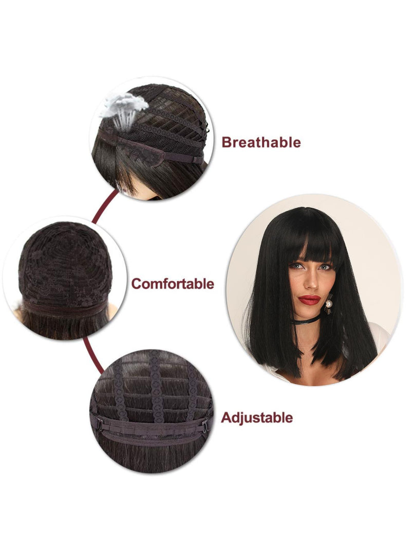 14 Inches Short Black Bob Synthetic Wigs with Bangs | DM1810844 - Anogol