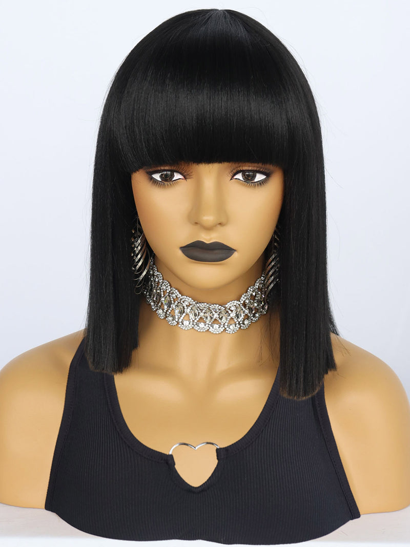 13 inch Short Black Bob Synthetic Wigs with Bangs | FU2031733 - Anogol