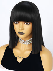 13 inch Short Black Bob Synthetic Wigs with Bangs | FU2031733 - Anogol